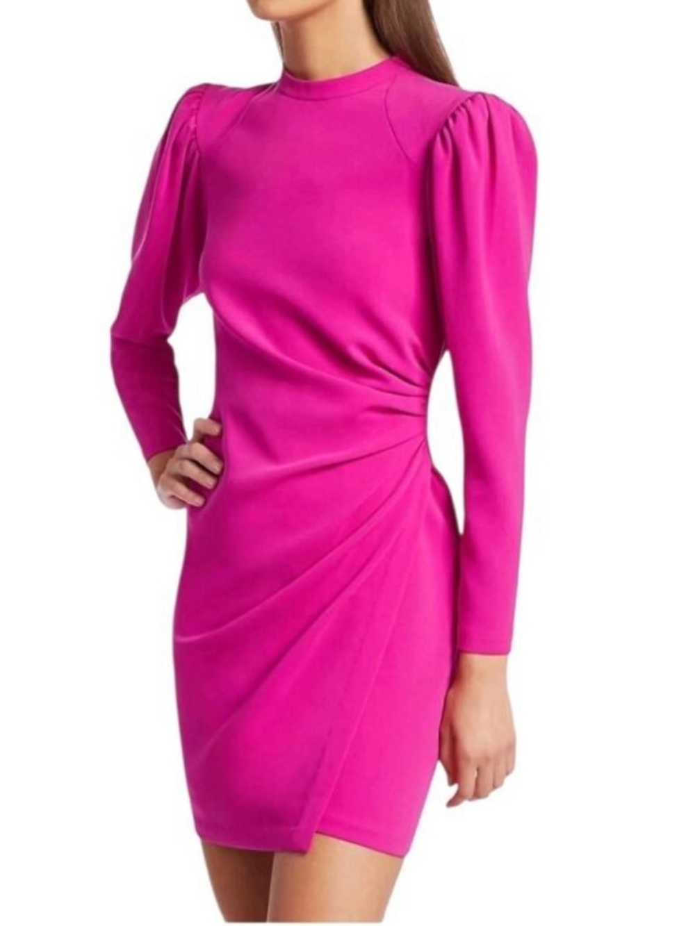 A.L.C. Jane Ruched Puff Sleeve Crepe Mini Dress in Shocking Pink